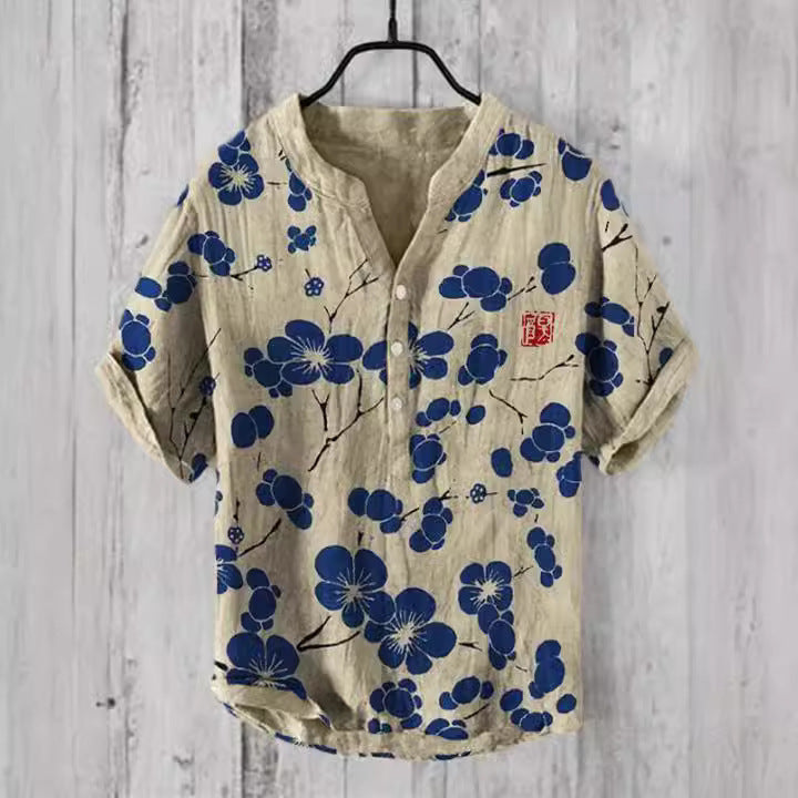 Cross Border Graphic Block Button Stand Collar Short Sleeve Shirt