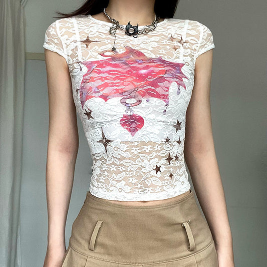 See-through Lace Printed Short Top For Women